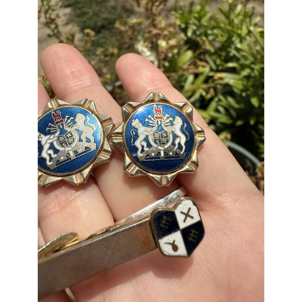 Vintage 1950s Swank Royal Crest Cufflinks & Tie Clip Crown Lion Enamel‎ Brass